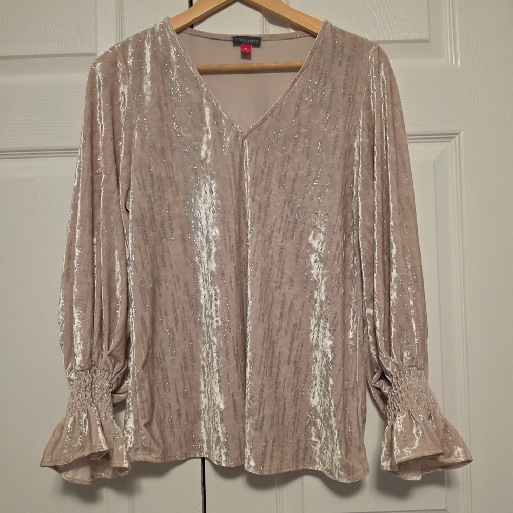 Vince Camuto Metallic Stripe Velvet Smocked Cuff Blouse Pink Medium